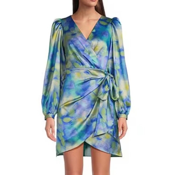 BELLE by Badgley Mischka Lola Satin Jacquard Wrap Dress Size 4 - Picture 1 of 11